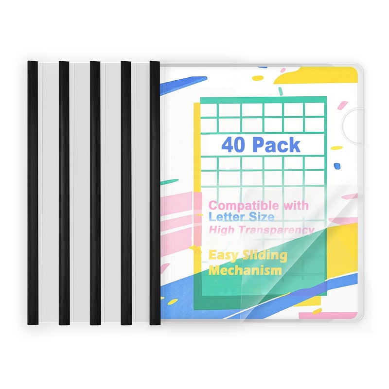 TOTiyea 40 Pack Clear Report Covers with Sliding Bars  5mm (40 Sheet Capacity) Black Sliding Bar File Folders  for Letter Size - Image 1
